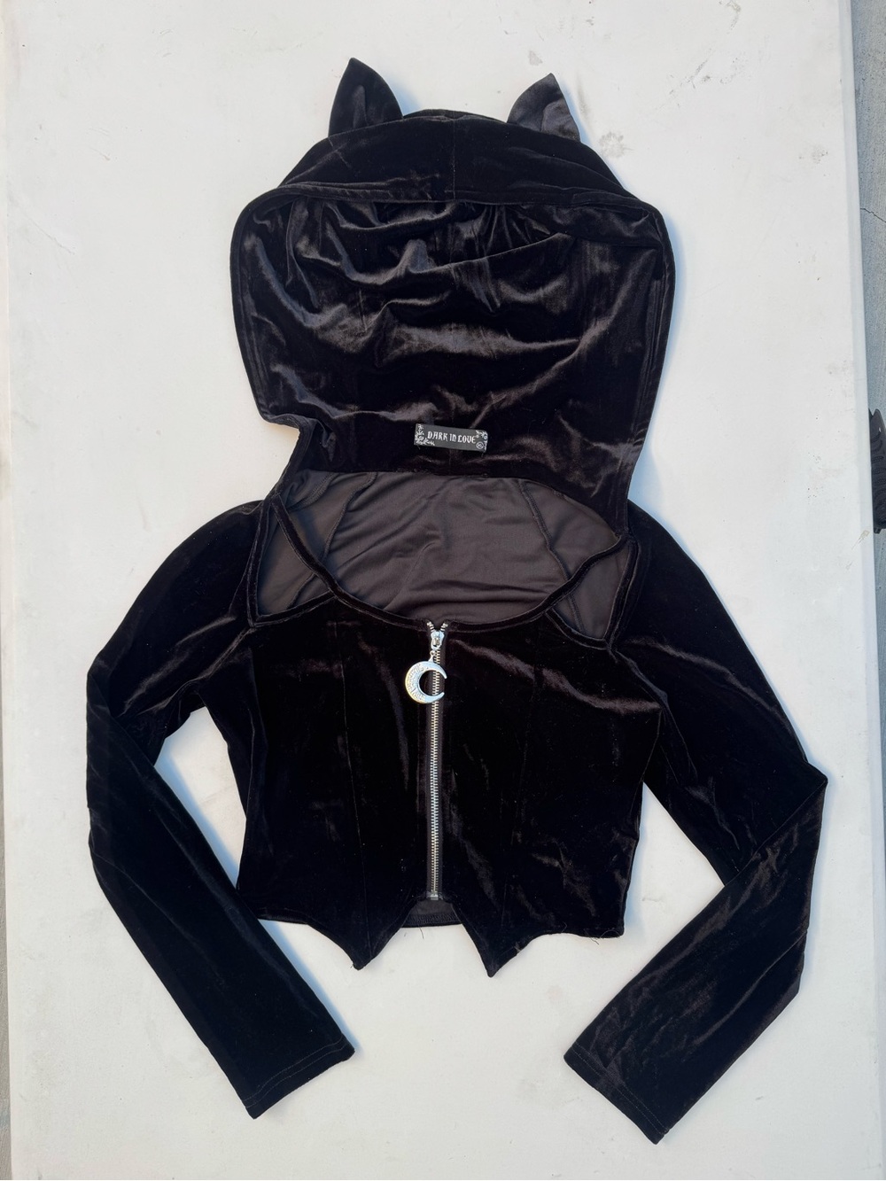 Dark In Love: Black Velvet Bat Ear Hooded Zip Front Cropped Hoodie, Size XL